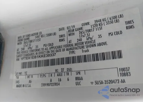 2019 Ford F150 Xl z USA, uszkodzony, nr VIN 1FTEX1EB1KKE30337